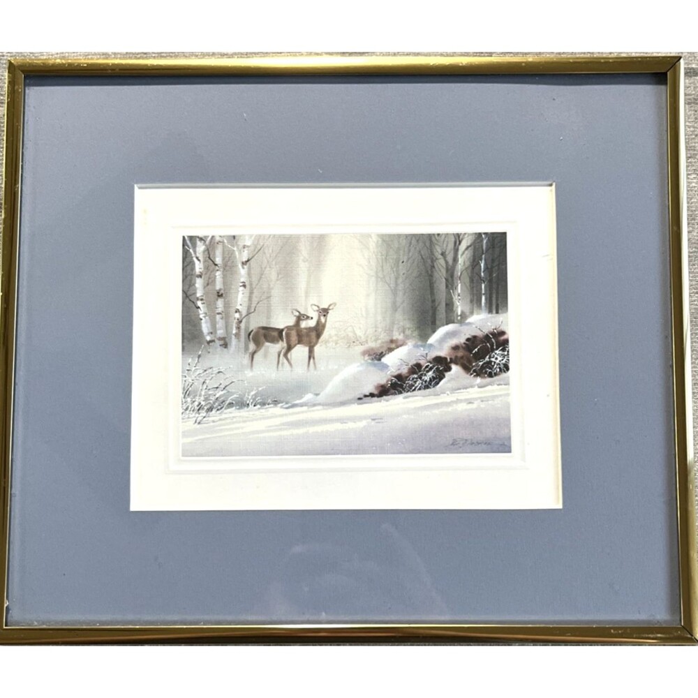 Vtg E. Decker Winter Deer Print Snowy Forest Wildlife Art Matted Framed 10.5 x 9